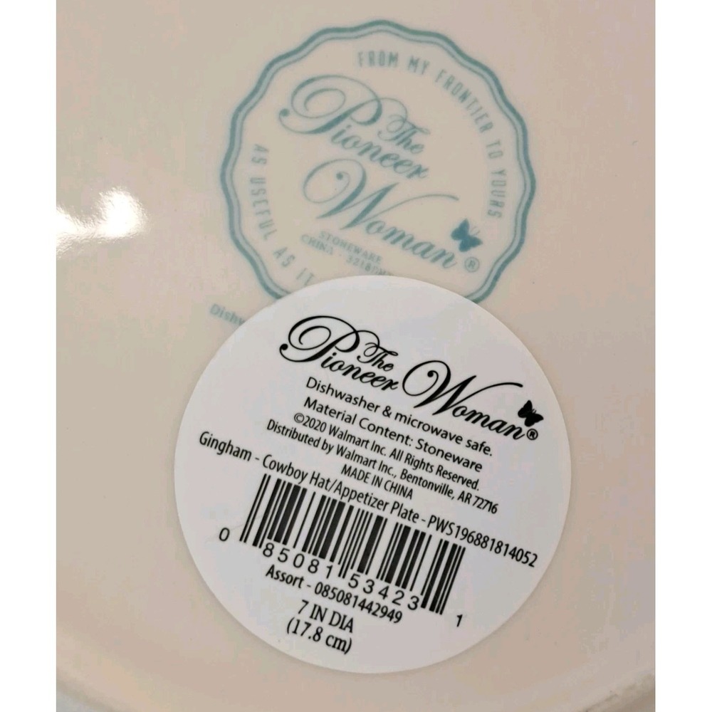Pioneer‎ Woman Appetizer Plate Gingham Cowboy Hat  Dessert Dish 7" Western New - Picture 4 of 5